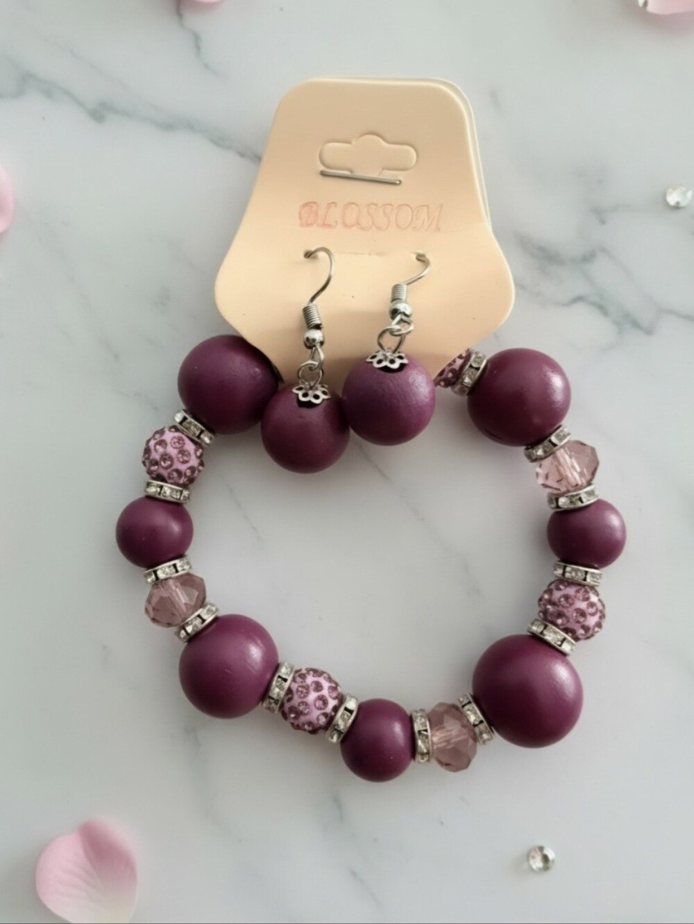 Blossom Purple Wood Bead and Rhinestone Bracelet & Earrings Set